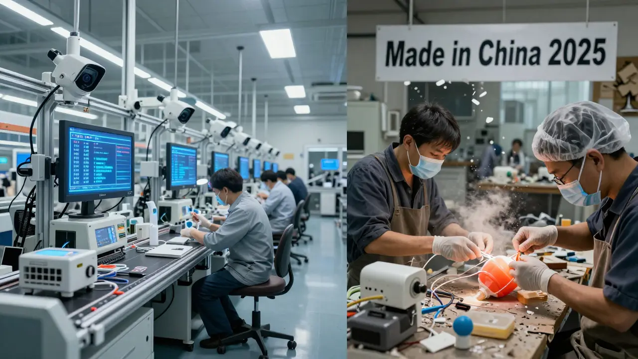 Split scene: modern high-tech factory vs crumbling workshop with signs of fraud and decay.