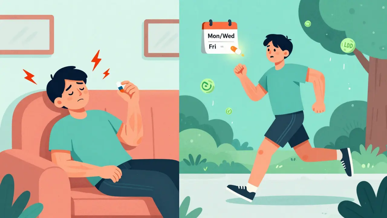 Split scene: tired person with muscle pain vs. same person jogging happily, with a calendar showing every-other-day dosing.