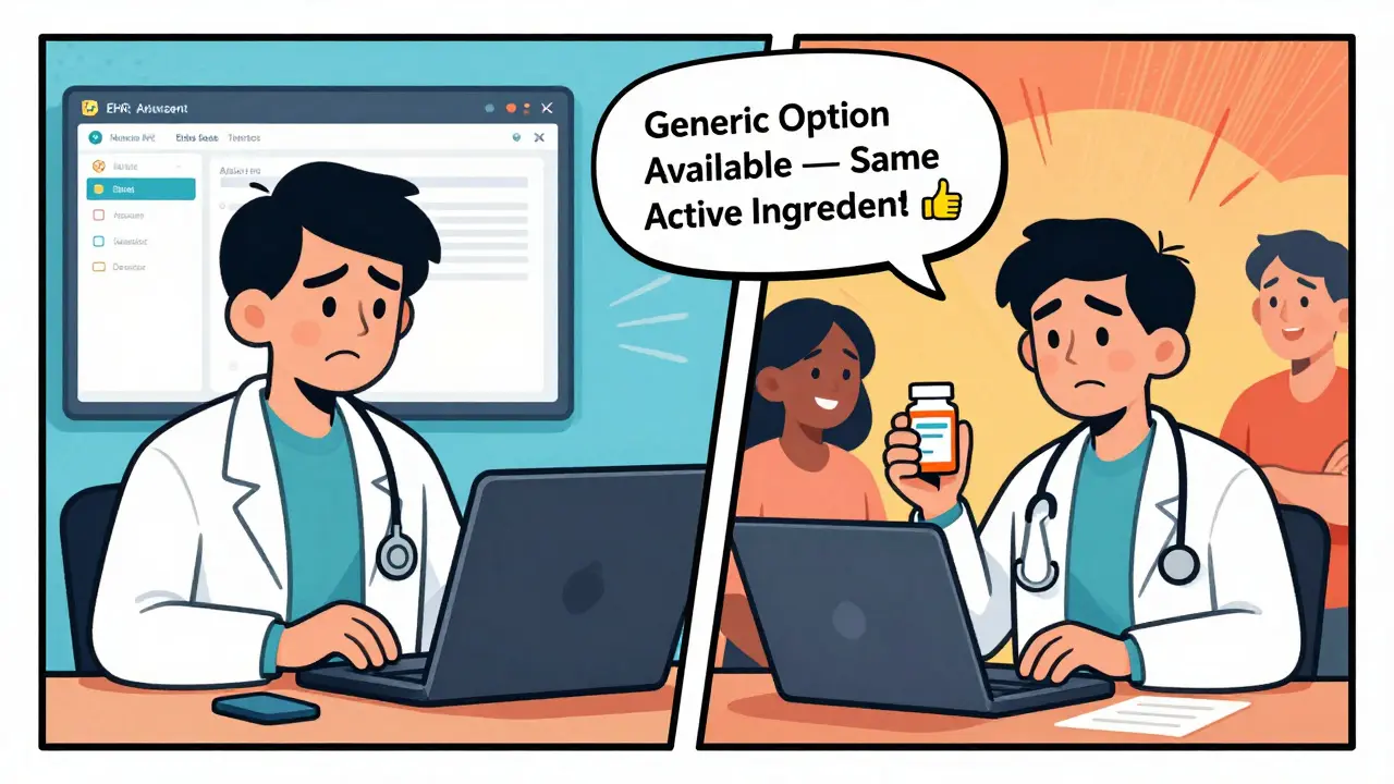 Split-screen: frustrated doctor vs. doctor with helpful EHR alert about generic alternatives.