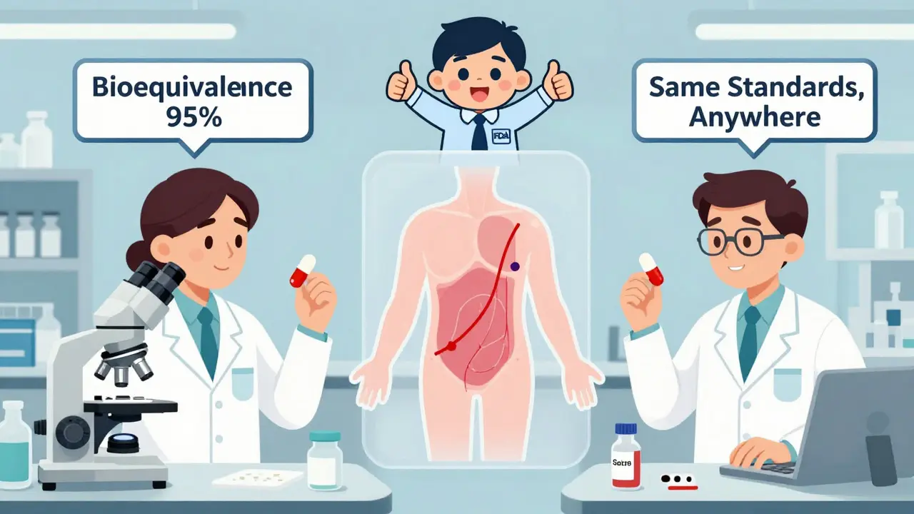 Split-screen lab scene with identical bioequivalence tests for brand and generic pills, FDA inspector giving thumbs-up.