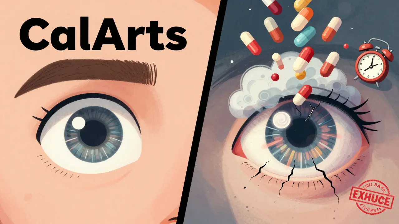 Split-screen of healthy vs. damaged eye from medication side effects, illustrated in CalArts style.