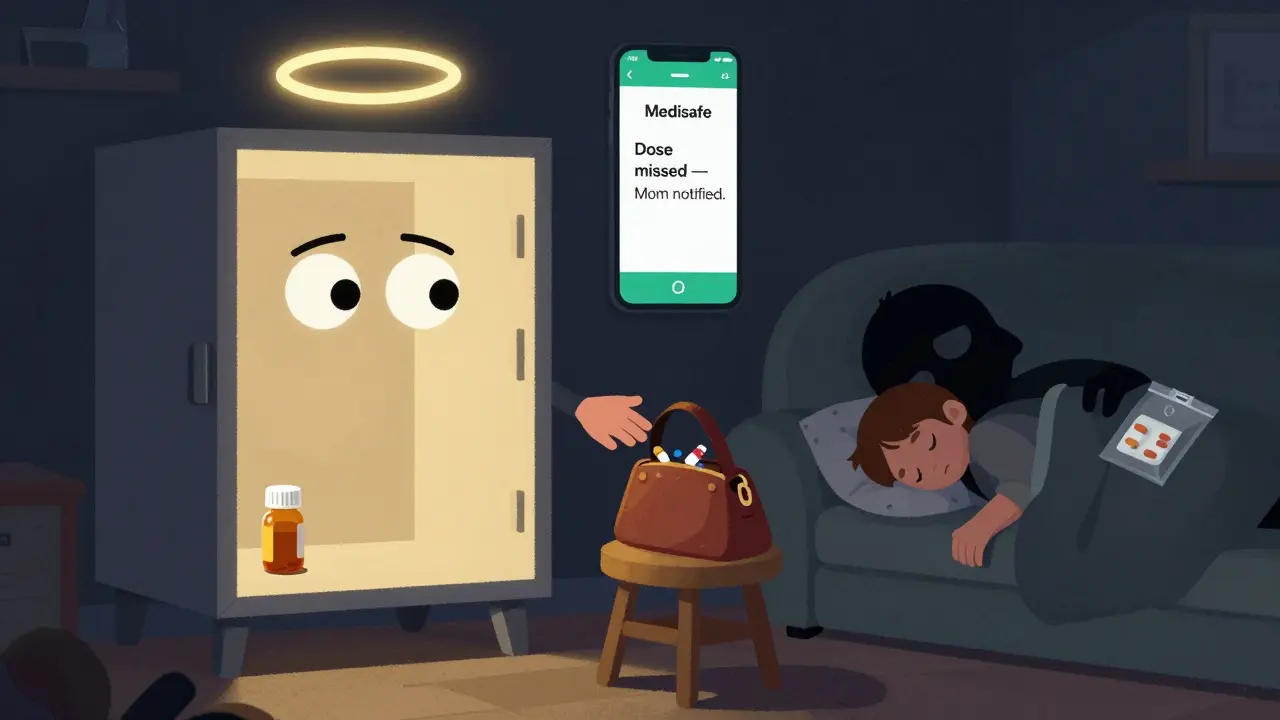 A child reaching for medicine from an open purse while meds are safely locked away.