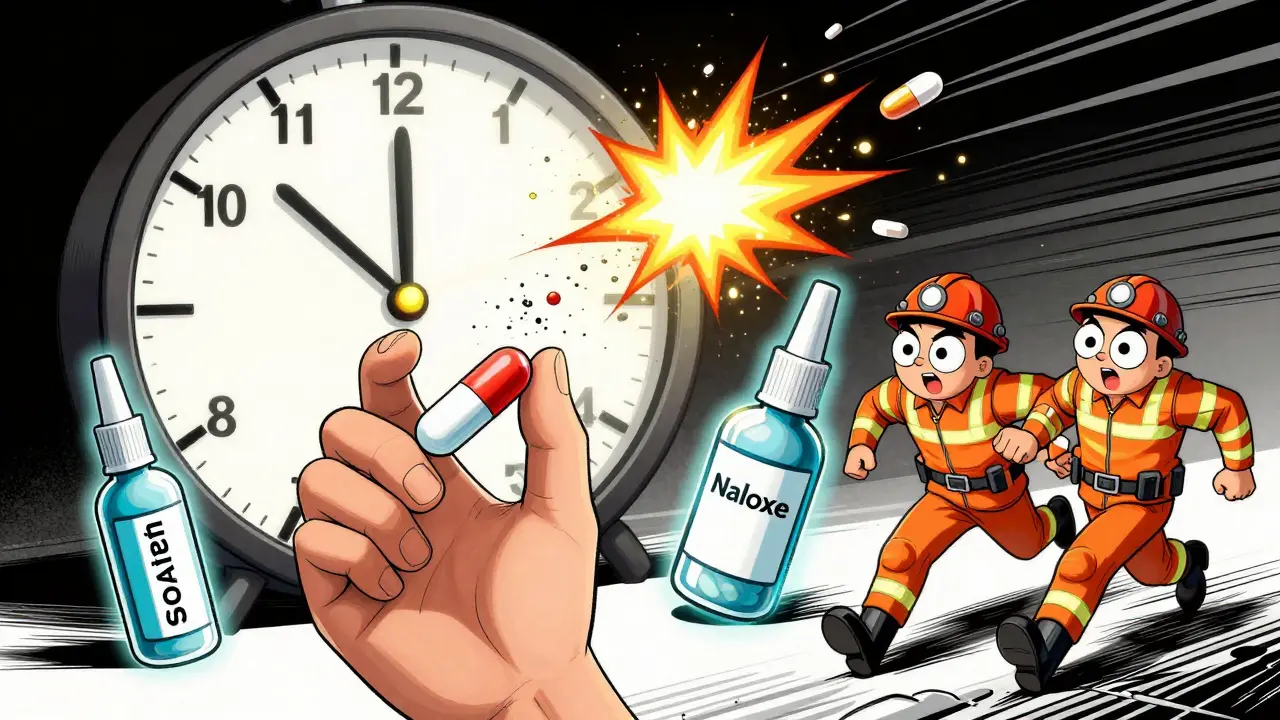 A person holding a whole and crushed extended-release pill, with a clock speeding up and naloxone spray nearby.