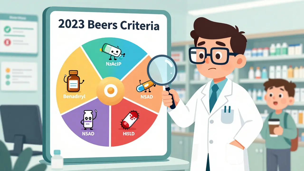 A pharmacist using a magnifying glass to examine a colorful Beers Criteria chart with animated drug characters in a busy hospital pharmacy.
