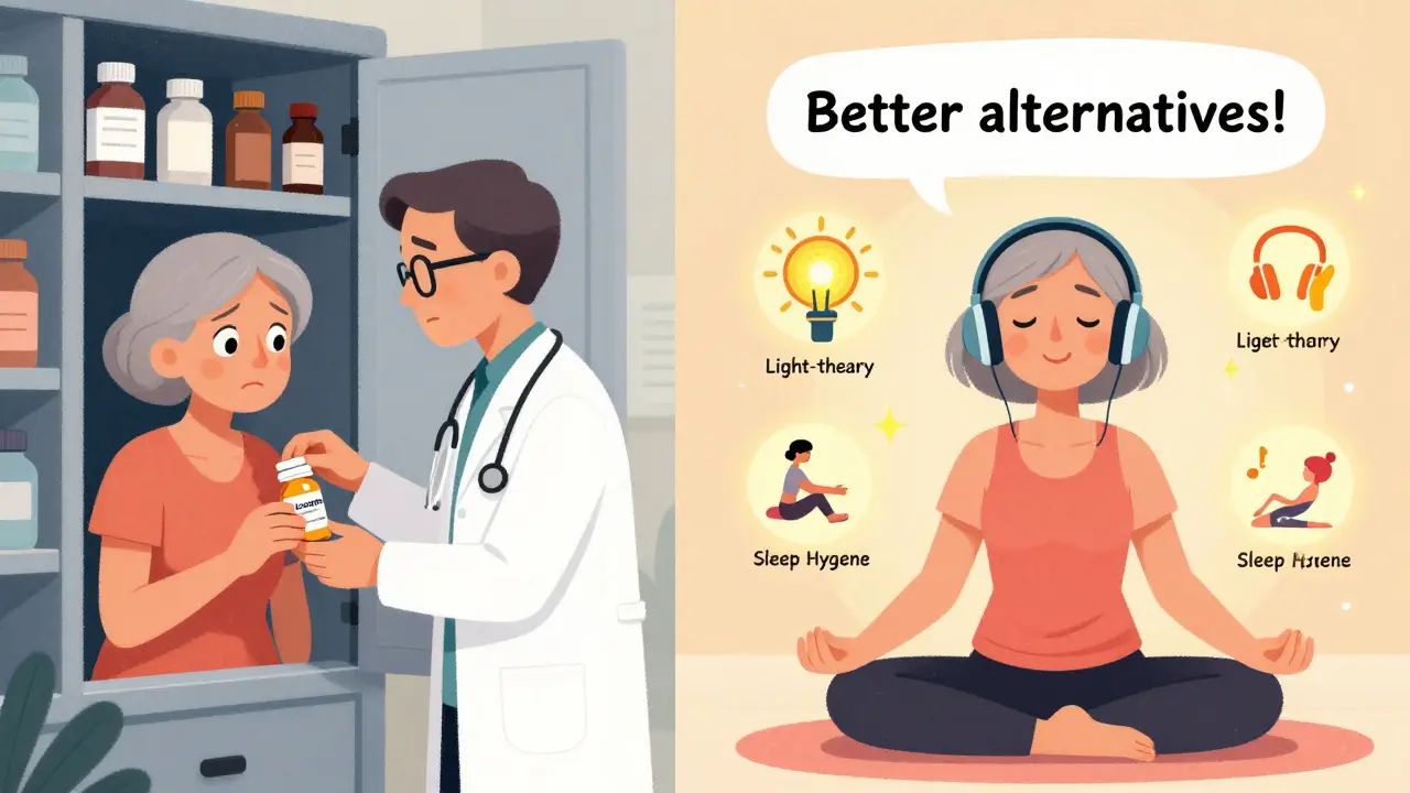 An older woman replacing a sedative with non-drug therapies like yoga and light therapy, shown in a hopeful split-scene illustration.
