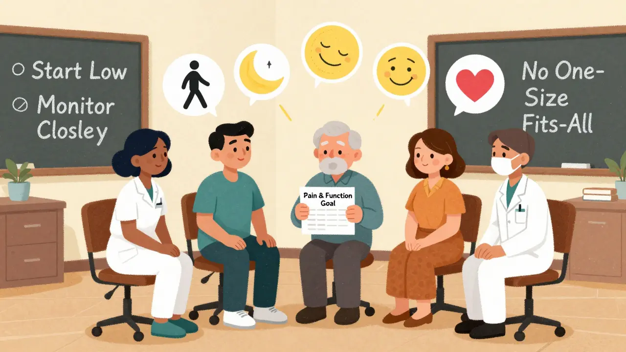 Care team around senior with visual goals for pain management: walking, sleeping, smiling.