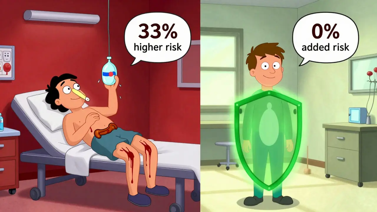 Contrasting patient outcomes: one bleeding dangerously, another protected, with warning and safety icons.