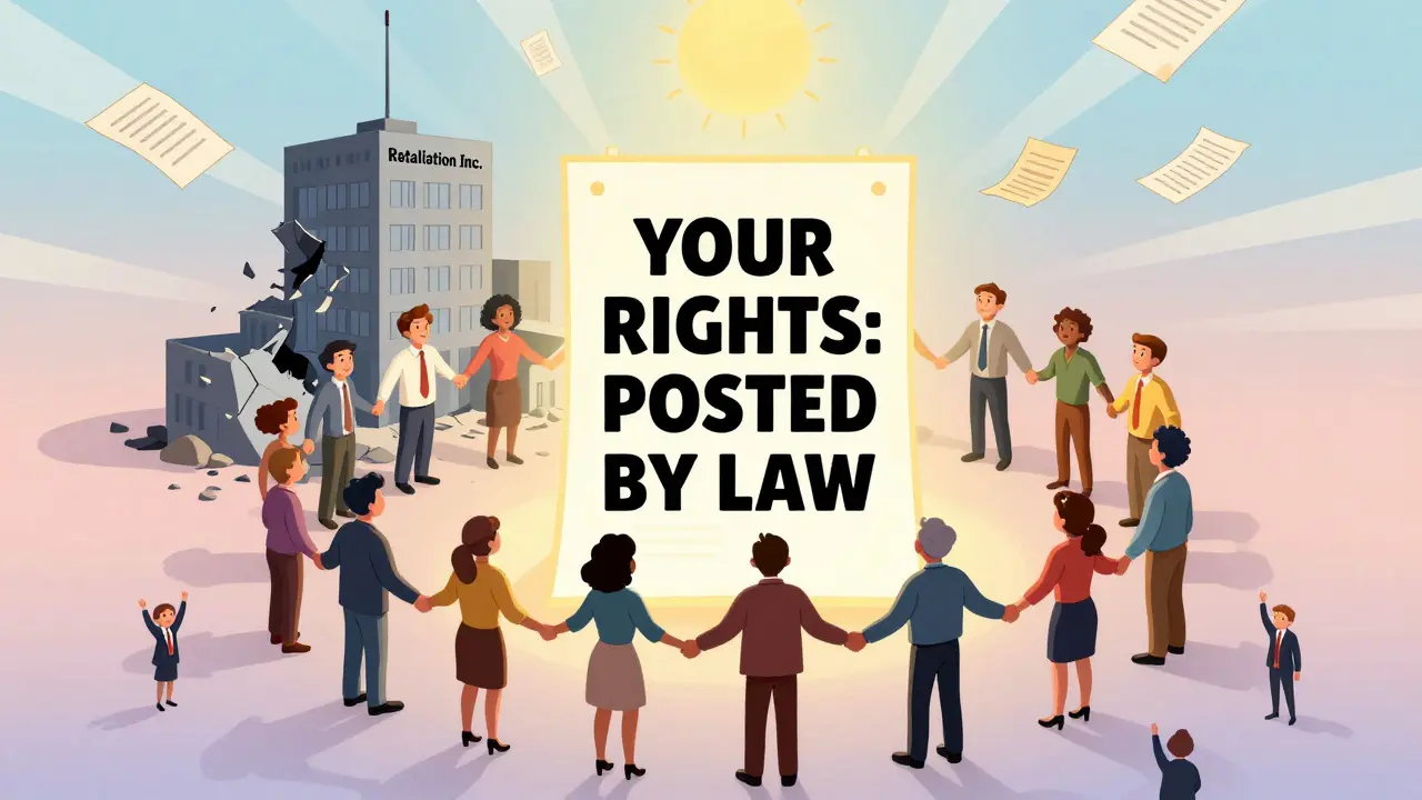 Diverse workers stand united around a posted rights notice as a corrupt corporate tower crumbles behind them.