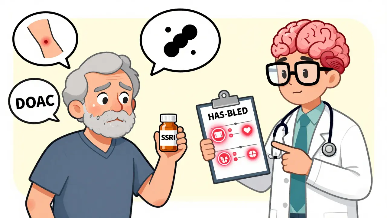 Elderly patient with medical pills and floating bleeding symptoms, consulting a doctor with a HAS-BLED score.