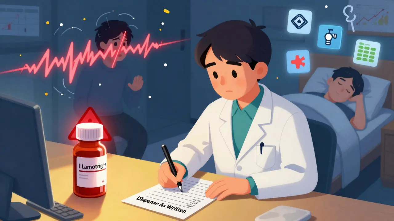 Neurologist writes 'Dispense As Written' on a prescription as a seizure warning glows above a medication bottle.