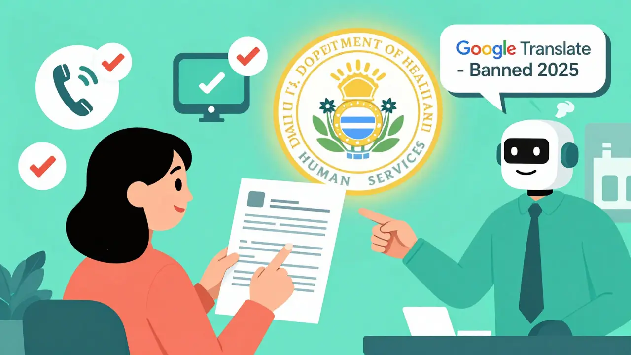 Patient filing complaint at pharmacy with interpreter icons and banned AI bot nearby.