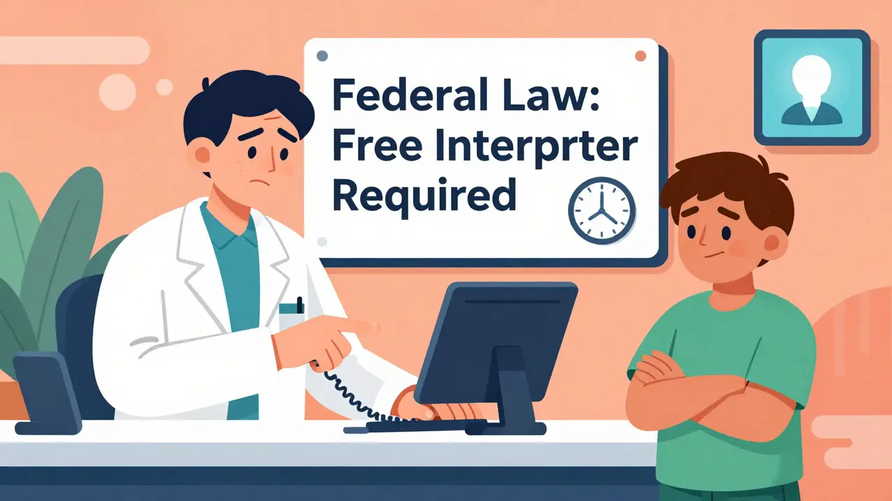 Patient refusing child as interpreter, pharmacist looking uneasy, legal sign visible.