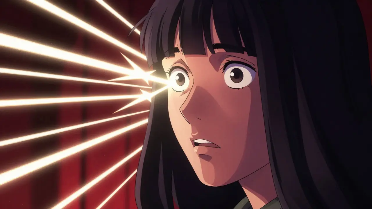 Person with dark shadow in vision and light flashes, alarmed expression