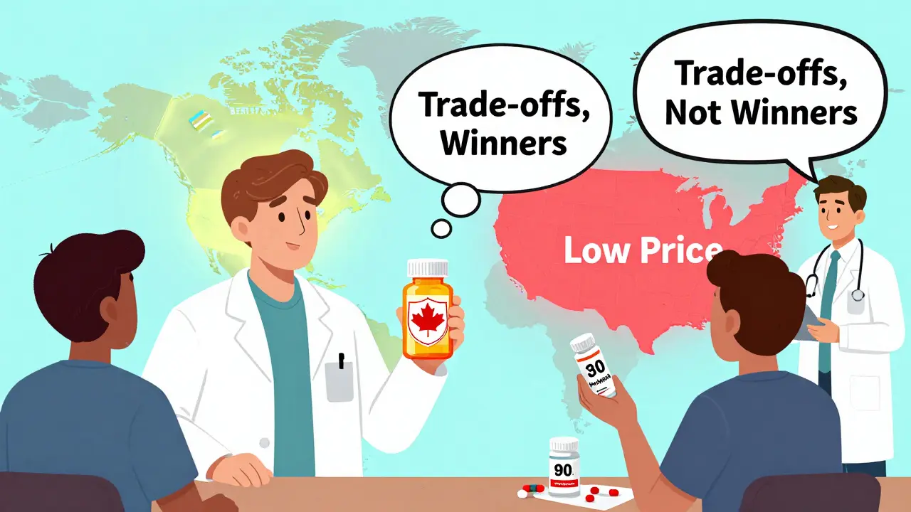 Pharmacist in Canada holding 30-day pill bottle while U.S. patient has 90-day supply, map behind shows reliability vs. low price trade-off.