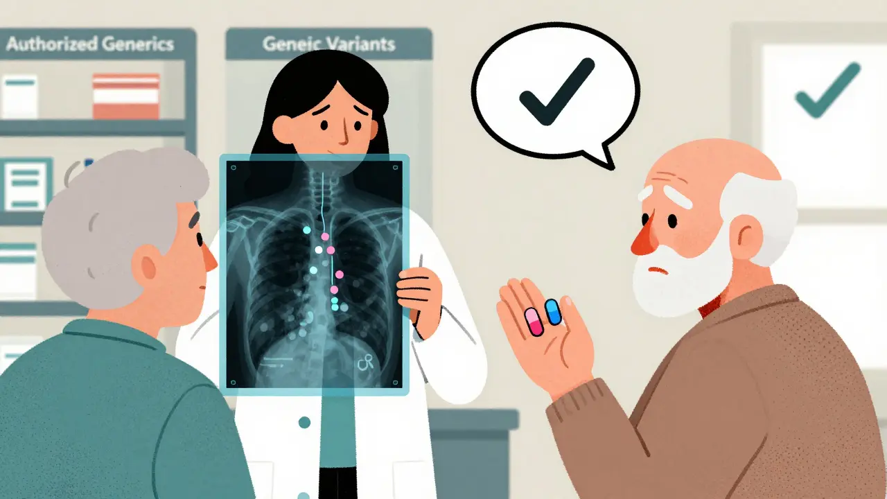 Pharmacist shows patient that different-looking pills contain the same medicine, with a bloodstream X-ray visualization.