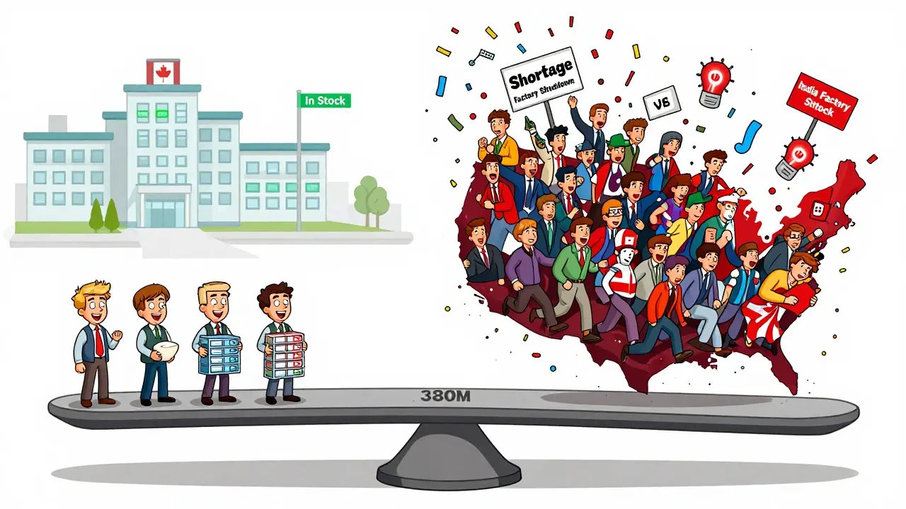 Scale balancing small Canadian drug suppliers with steady supply against many U.S. manufacturers in a price war, with shortage alerts in background.