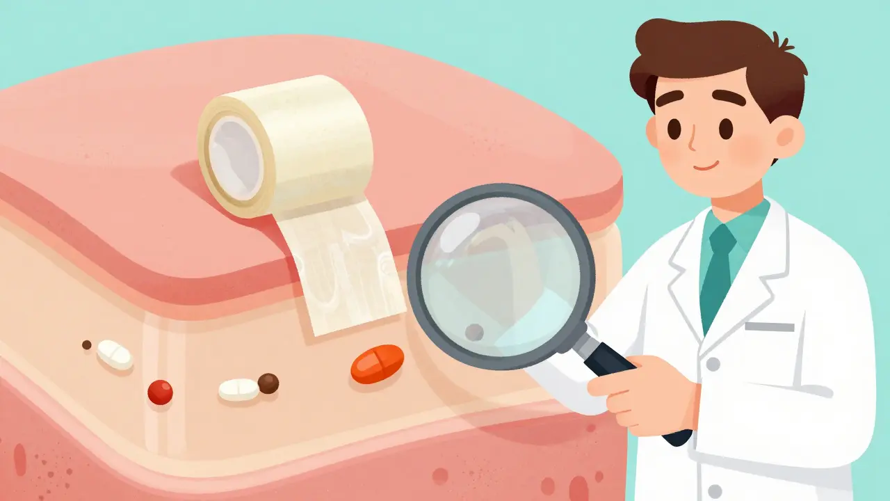 Scientist using tape-stripping on skin layers with uneven drug penetration, magnifying glass highlighting issues.