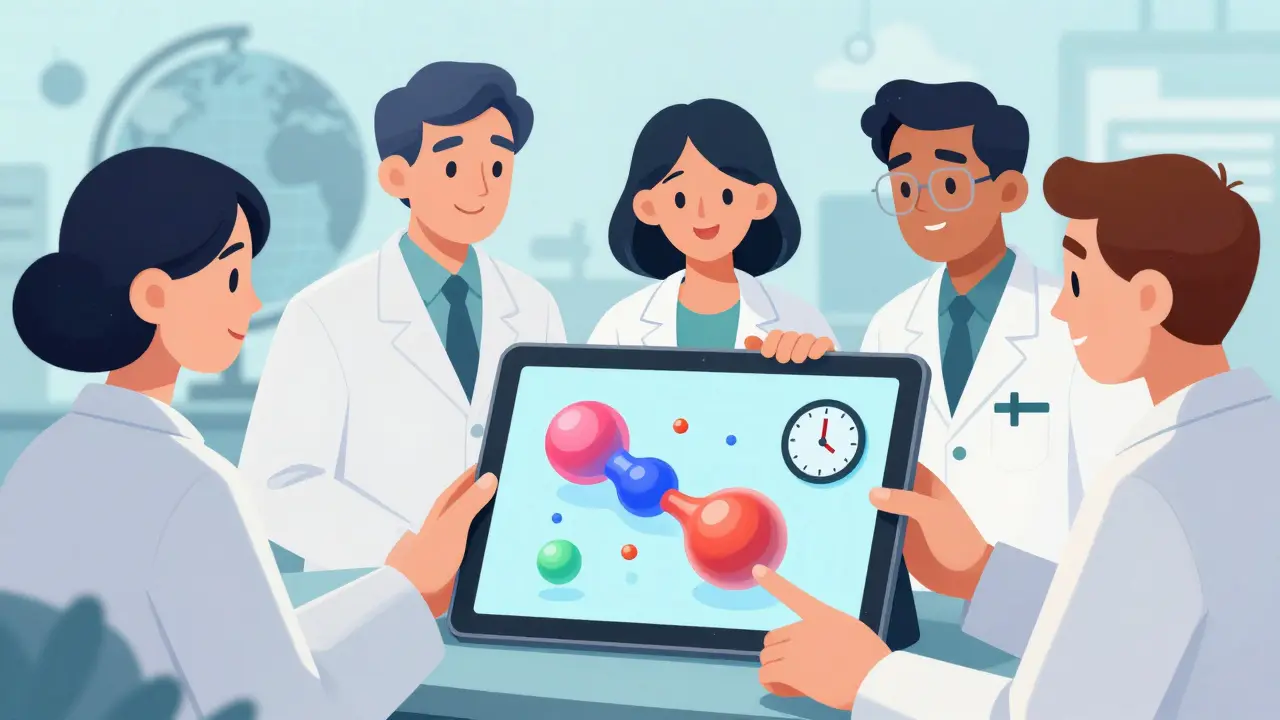 Scientists collaborating on a 3D drug absorption model with reduced time clock.