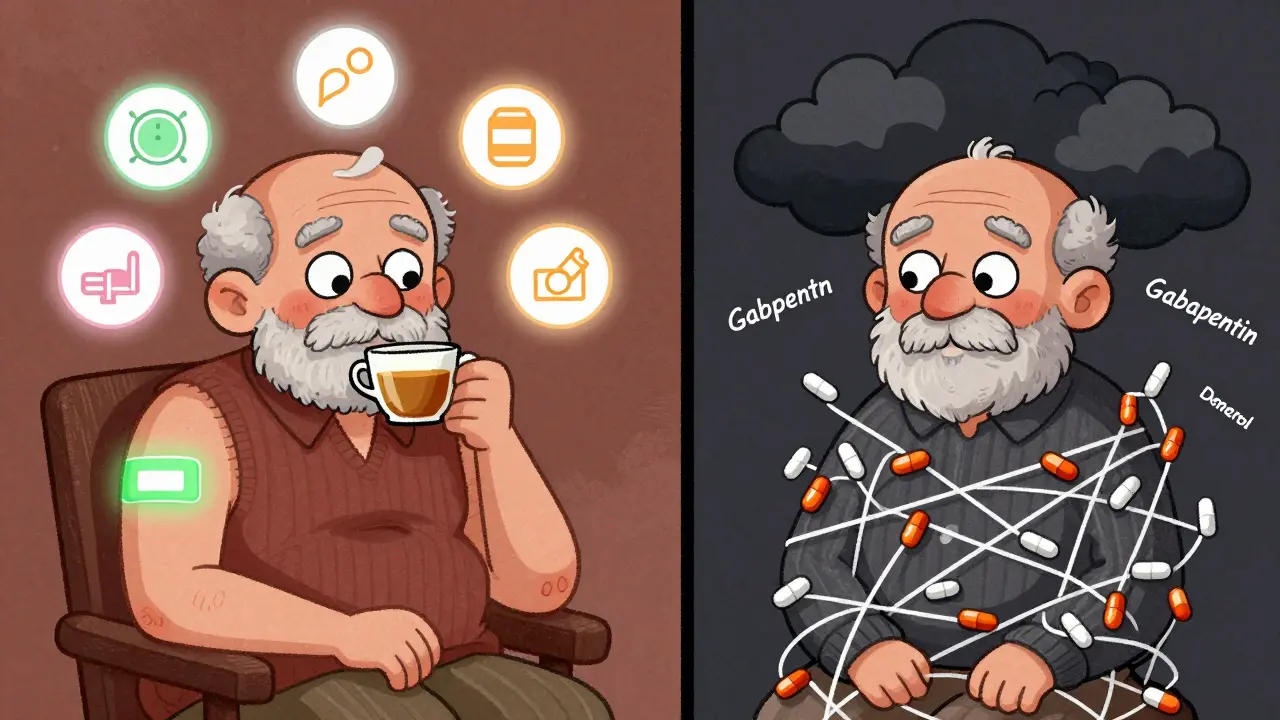 Split scene: one senior safe with buprenorphine patch, another overwhelmed by risky medications.