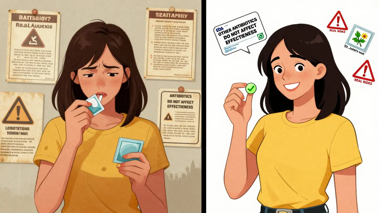 Split scene: outdated fear of antibiotics vs. modern science showing only specific drugs affect birth control.