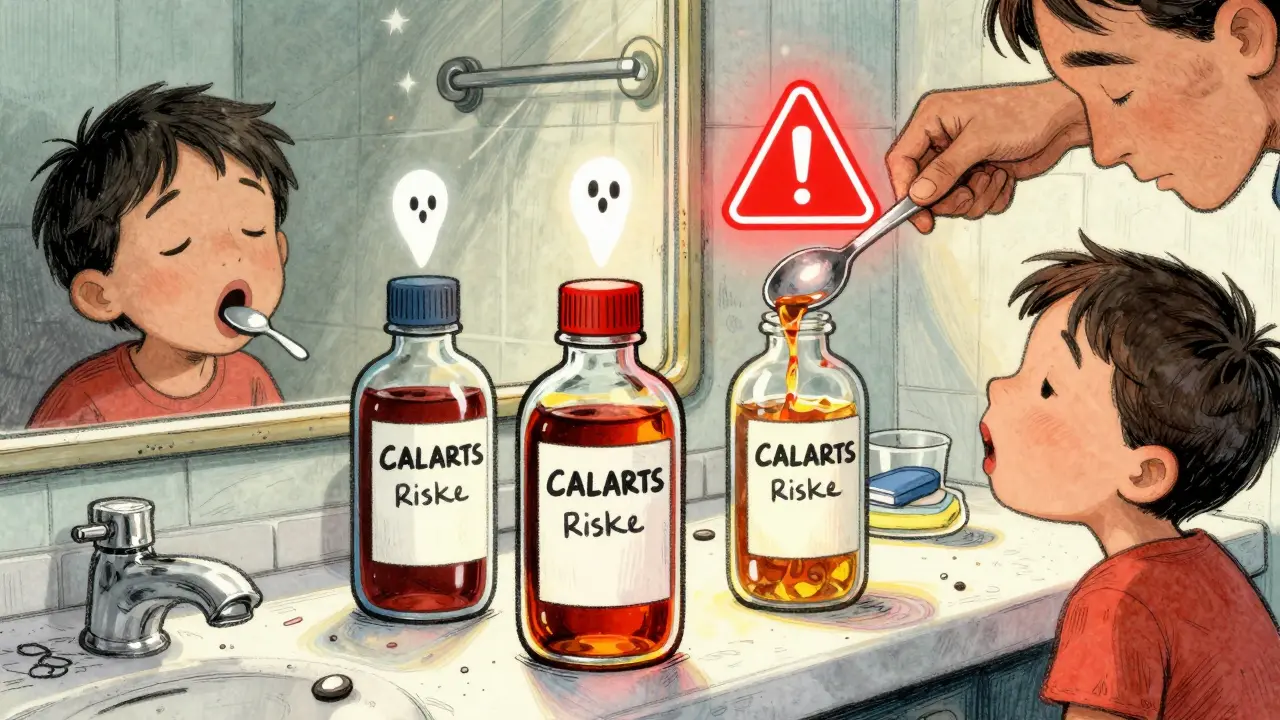 Three similar liquid medicine bottles being poured with a kitchen spoon near a sleeping parent and child.