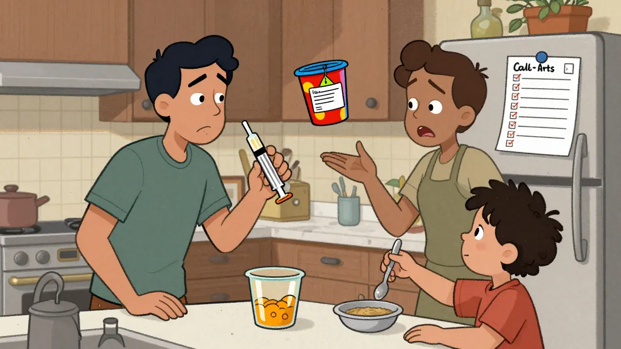 Two parents debating medicine dosing, one with a spoon, the other with a proper syringe.