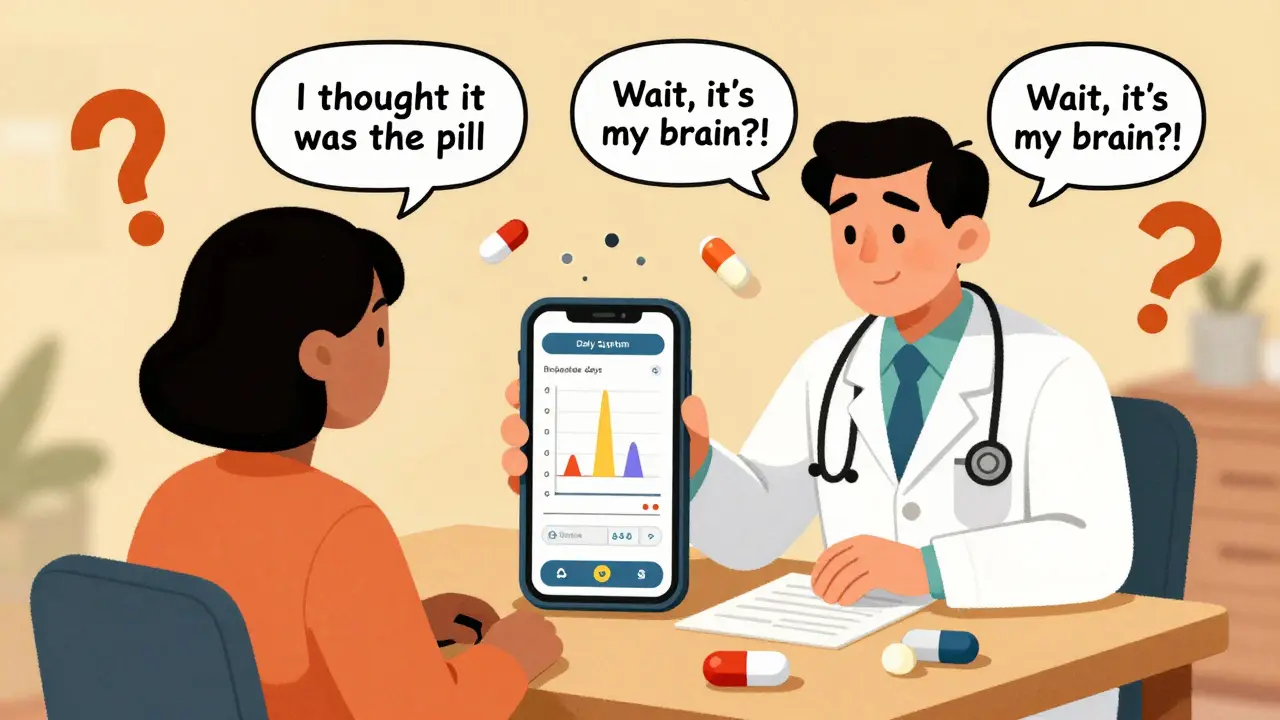 A doctor and patient reviewing a symptom tracker graph on a smartphone, with statin pills turning into question marks.