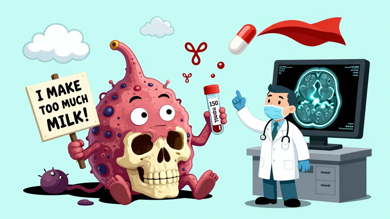 A mischievous tumor in the brain with a blood test and dopamine pill chasing away symptoms, in CalArts style.