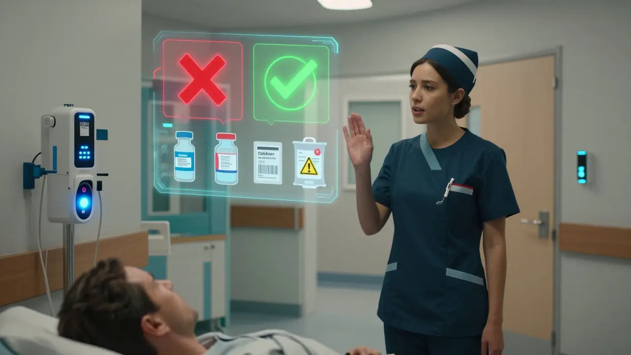 A nurse questioning a medication process as smart technology replaces manual checks in a futuristic hospital.