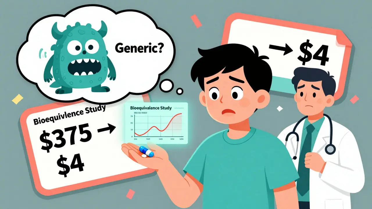A patient confused by different pill shapes, while a doctor shows matching blood absorption curves and a price drop from 5 to .