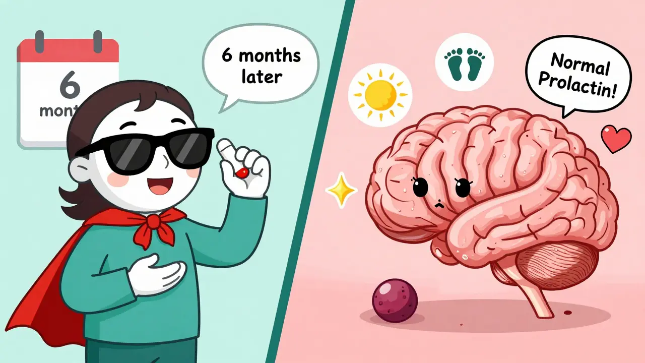 A patient taking a superhero pill as a tumor shrinks, with restored health icons, in CalArts style.