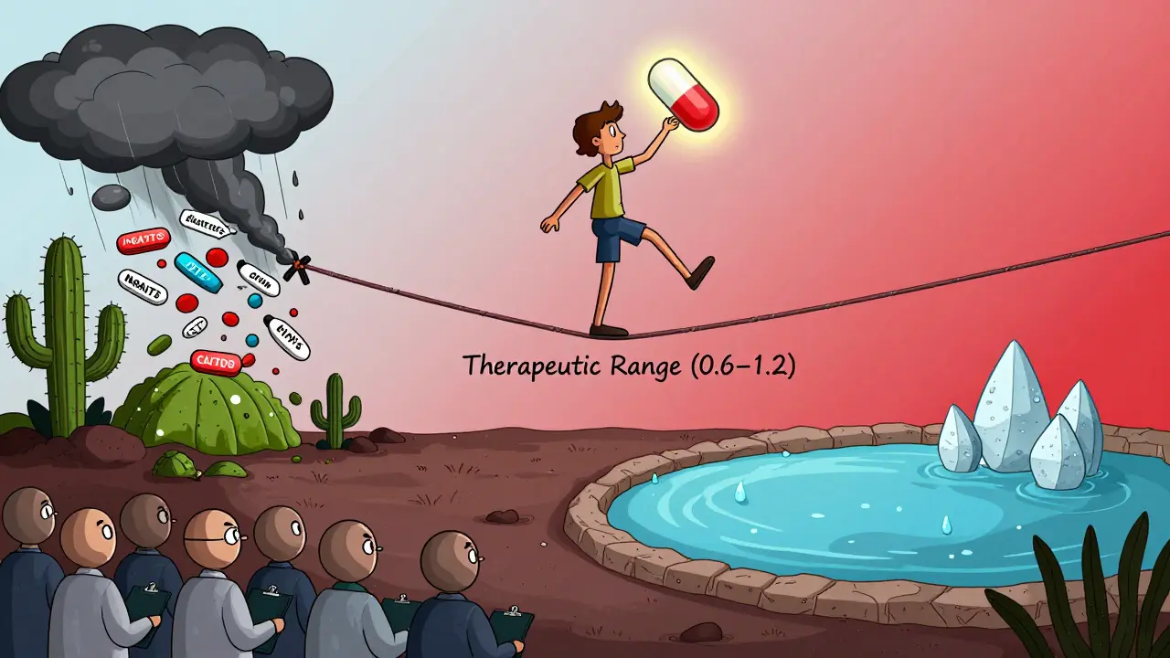 A tightrope walker balancing on a narrow line labeled with lithium levels, surrounded by threats on one side and safety on the other.