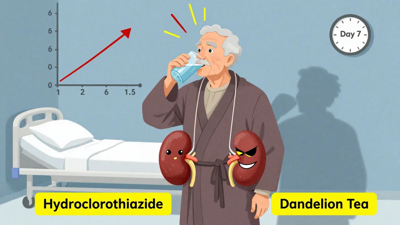 An elderly man drinking water while two cartoon diuretics pull strings on his kidneys, with a graph spiking dangerously high above him.