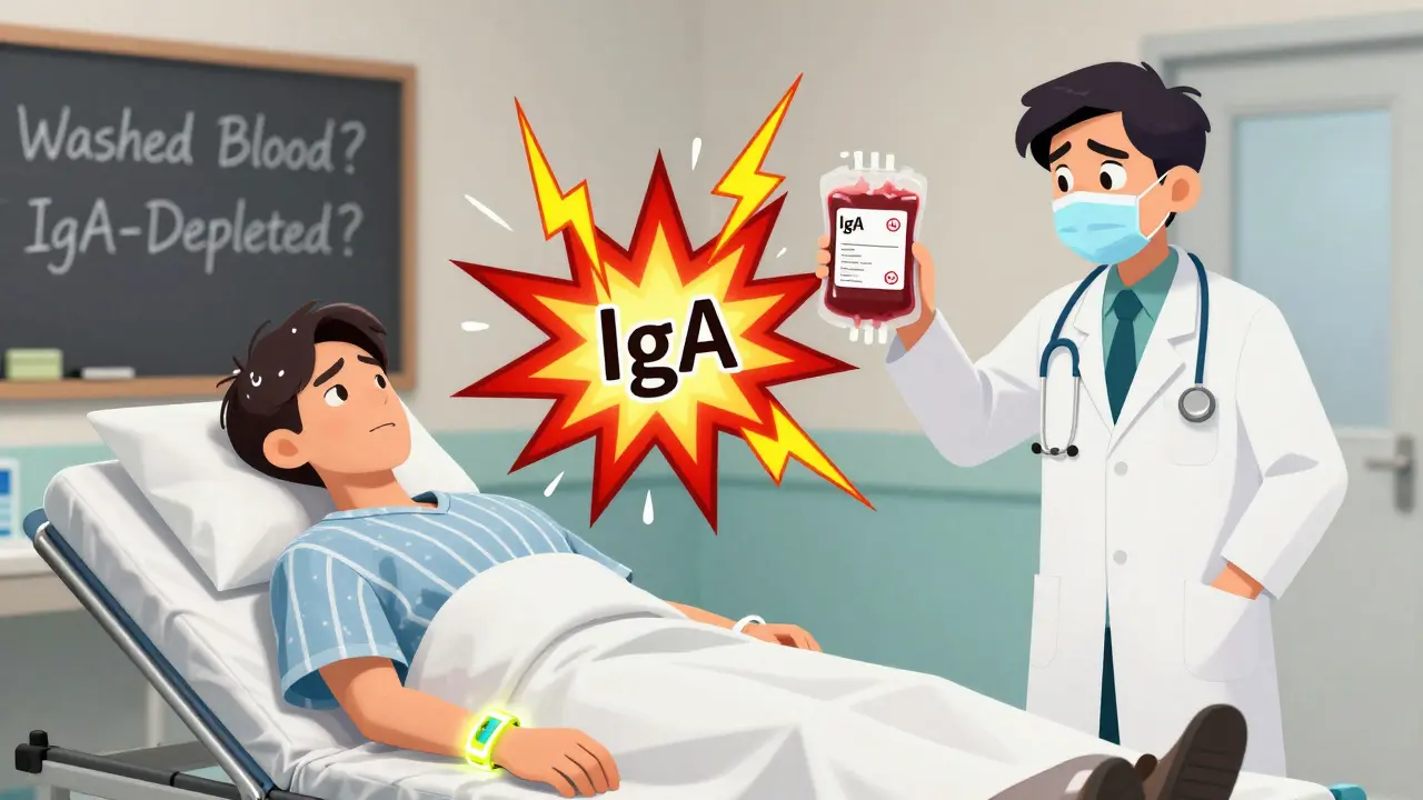An emergency room scene with a patient wearing a medical alert bracelet and a blood bag triggering a warning explosion.