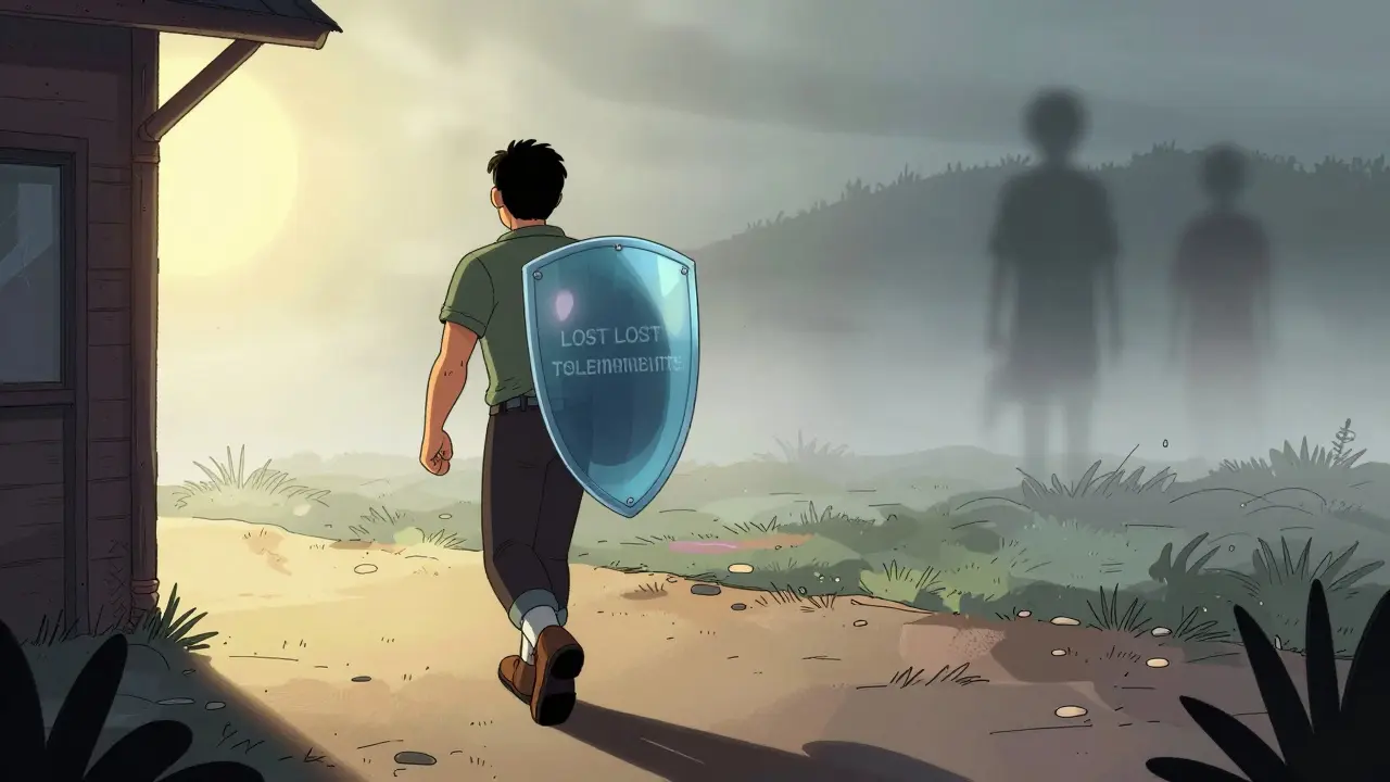 Character leaving safety zone towards fog representing lost tolerance danger