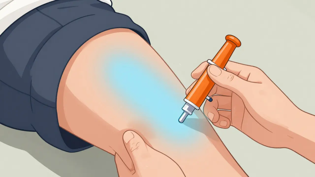Correct outer thigh injection site shown with trainer device.