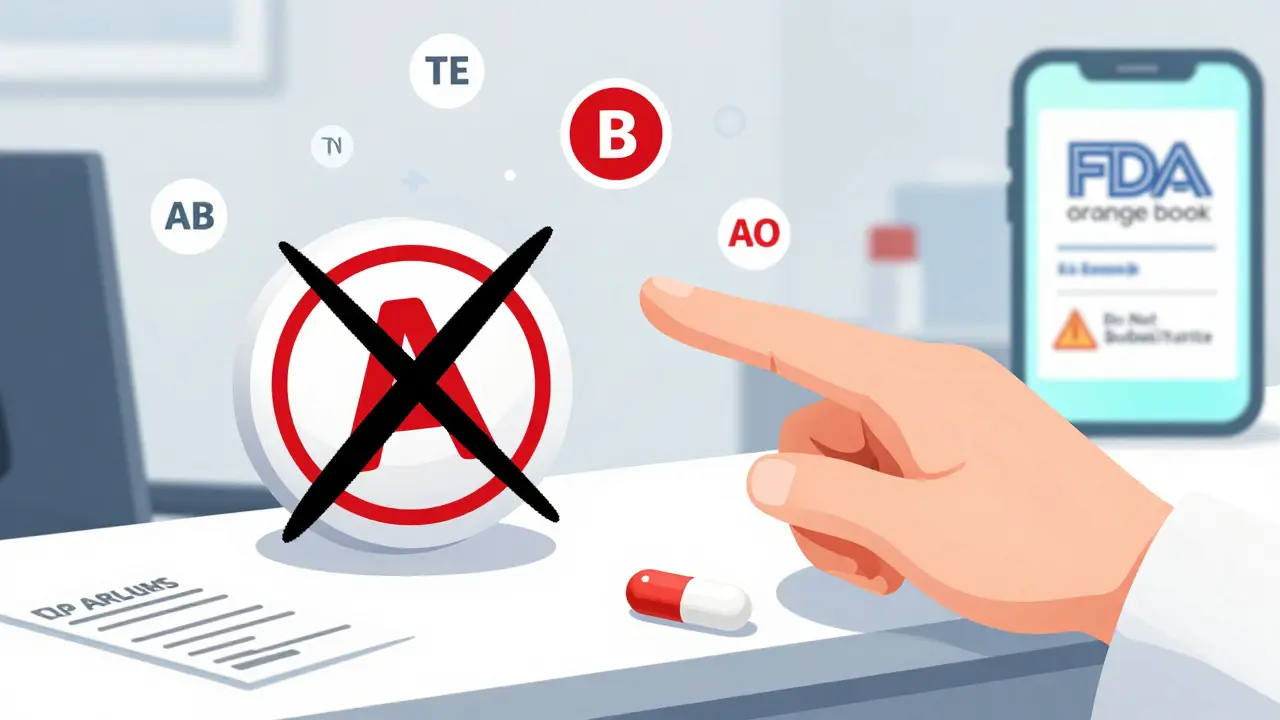Hand pointing at an A-rated pill while a B-rated pill is crossed out.