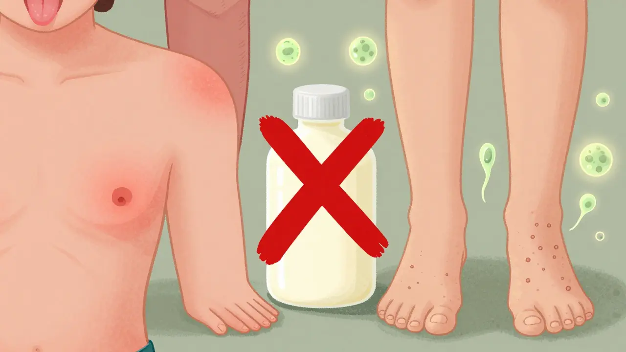 Human body split between candida rash and athlete’s foot symptoms, with floating yeast and fungi cells.