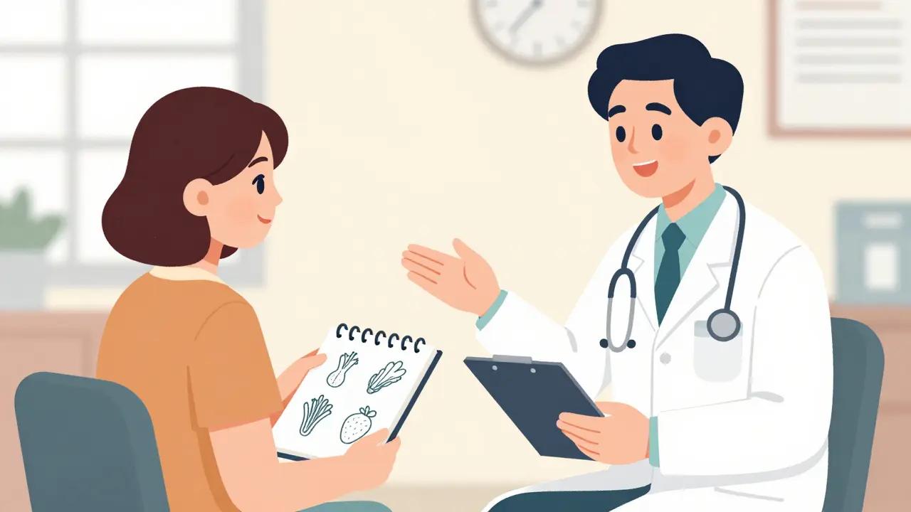 Patient and doctor reviewing food log notebook