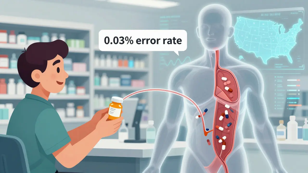 Patient receiving generic medication with identical drug absorption curves in torso.