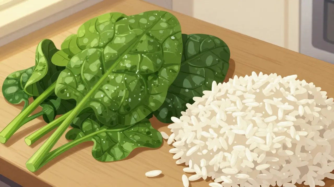 Plate comparing leafy greens and white rice