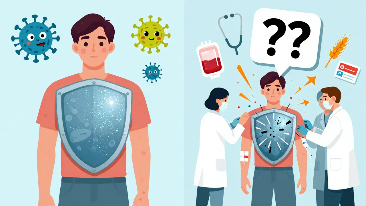 Split illustration: healthy person with full IgA shield vs. same person after transfusion reaction with shattered shield.
