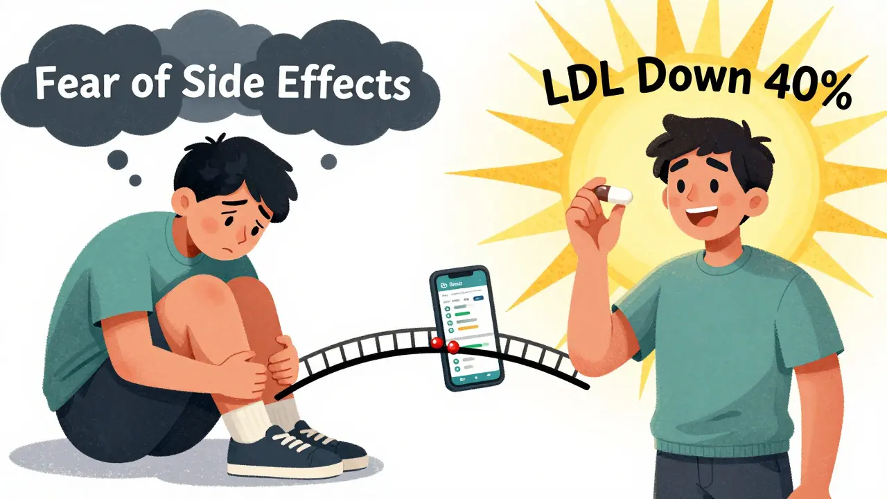 Split scene: one side shows fear of statins, the other shows relief and health after understanding the nocebo effect.