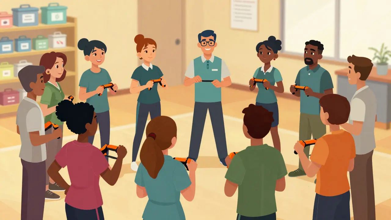 Staff training group practicing with auto-injectors confidently.