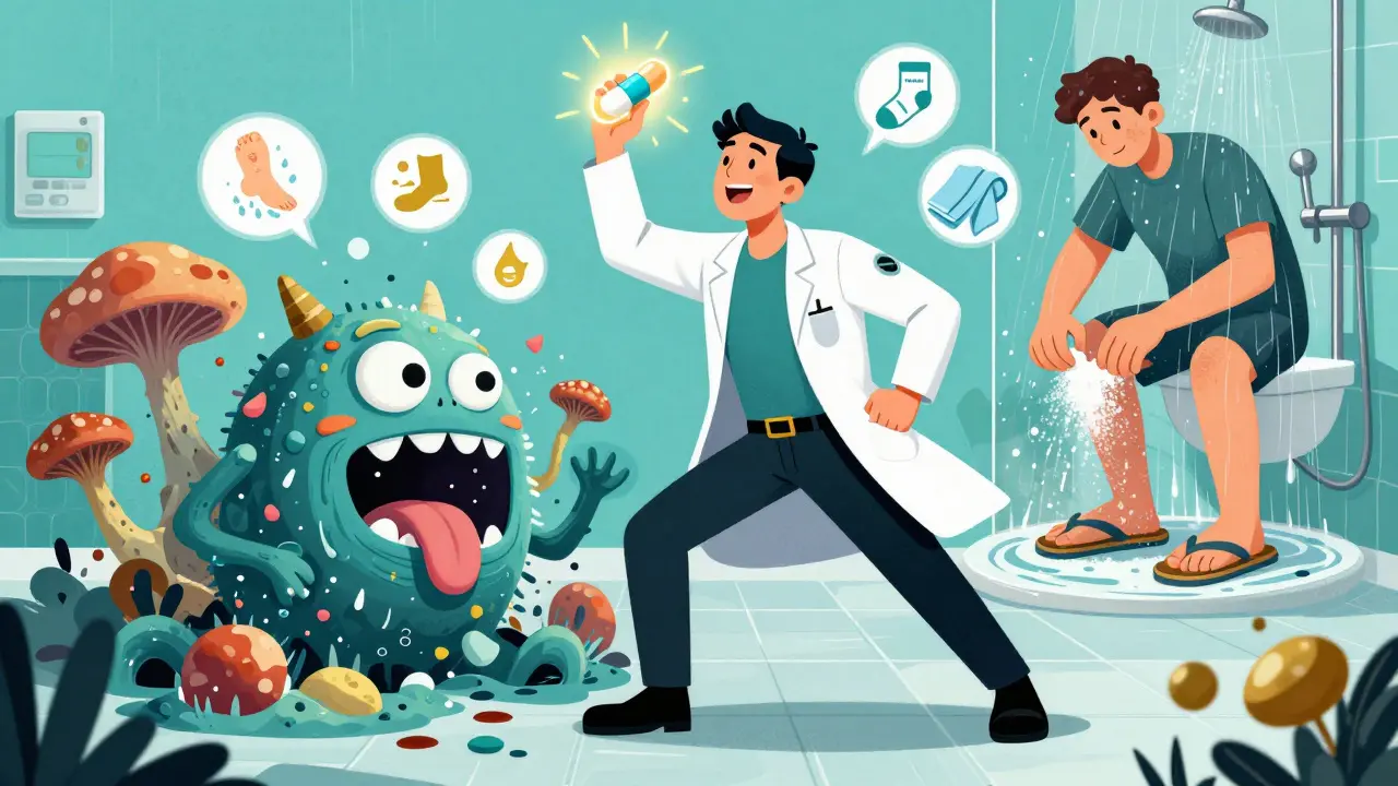 Superhero in lab coat defeating a fungal monster while teaching prevention habits like shoe drying and flip-flops.