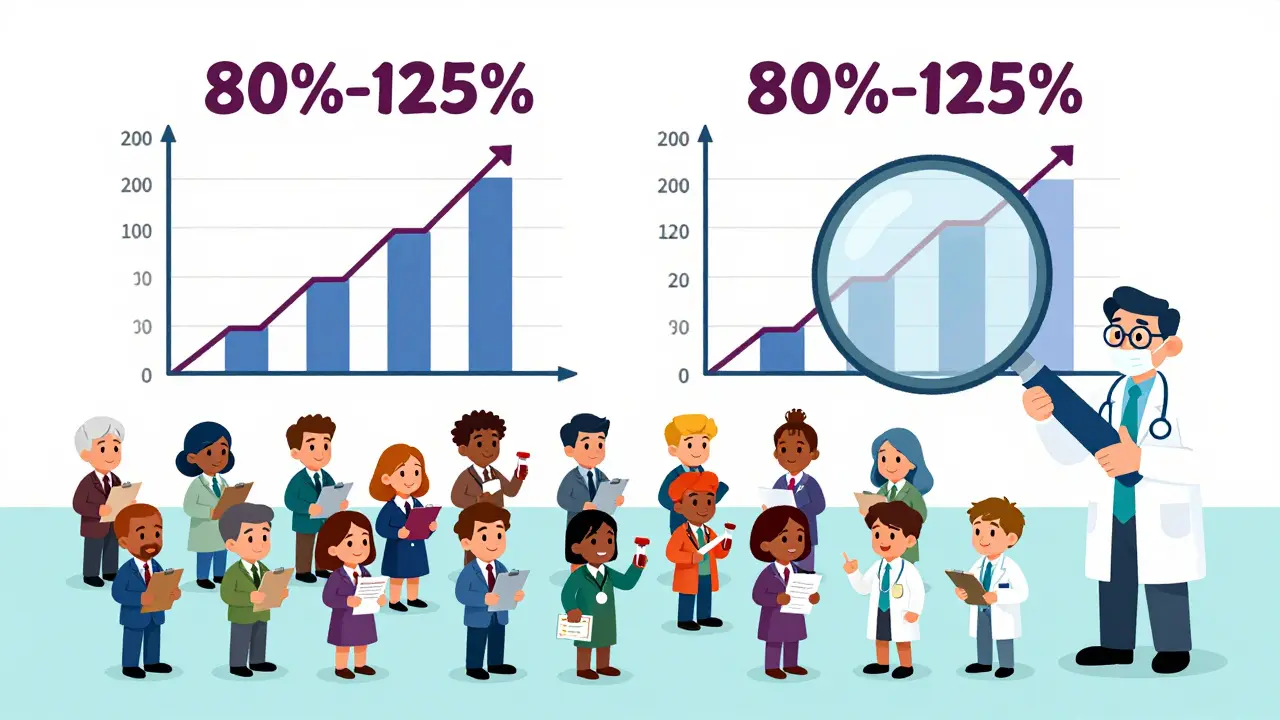 Tiny volunteers in a lab with two synchronized drug concentration graphs and an FDA mascot.