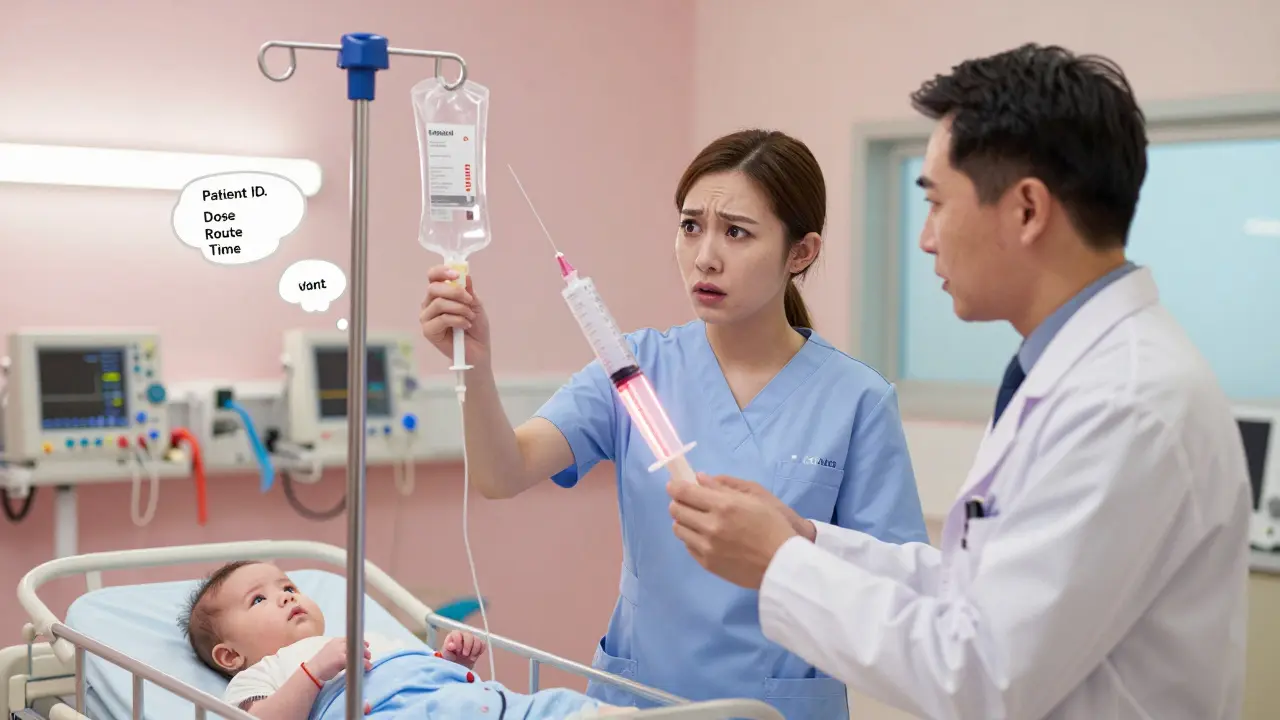 Two healthcare workers verifying heparin for a premature baby, with floating safety checklist items around them.