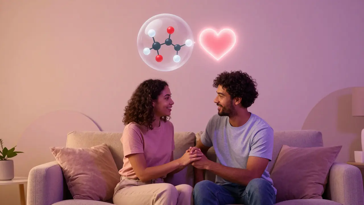 A couple sitting on a sofa together with a symbol of a heart replacing a chemical molecule.