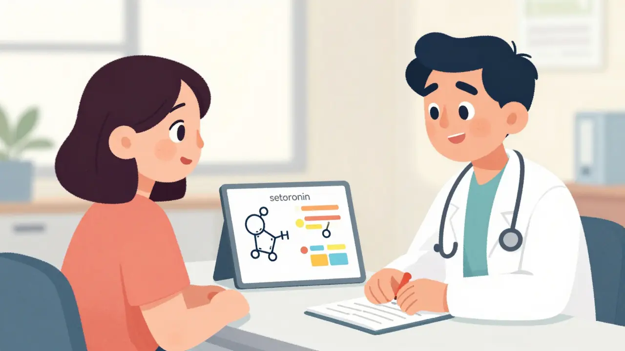 A patient and doctor discussing medication side effects in a bright, modern office.