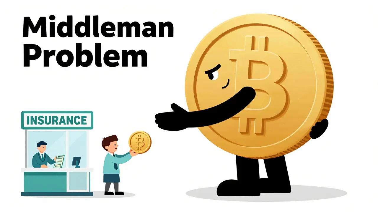 A PBM character acting as a middleman, hiding money between insurance and a pharmacy.